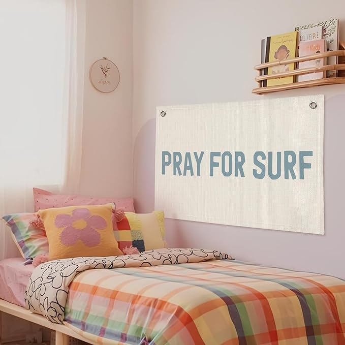 Surf Decor, Coastal Beach Room Decor Aesthetic, Linen Banner Wall Hanging Canvas Banner Flag Decor for Coastal Surfer Room Bedroom Beach - Blue