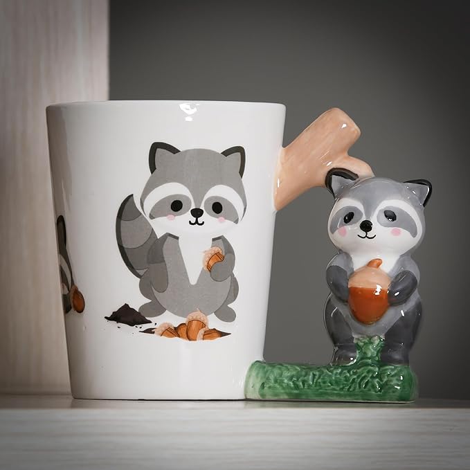 Ceramic Mug for Home & Office, Creative Porcelain 3D Animal Cup with Handle for Coffee, Tea, Juice, Milk & Water, 13.5 oz. Raccoon Mug Gift, 4.3" H
