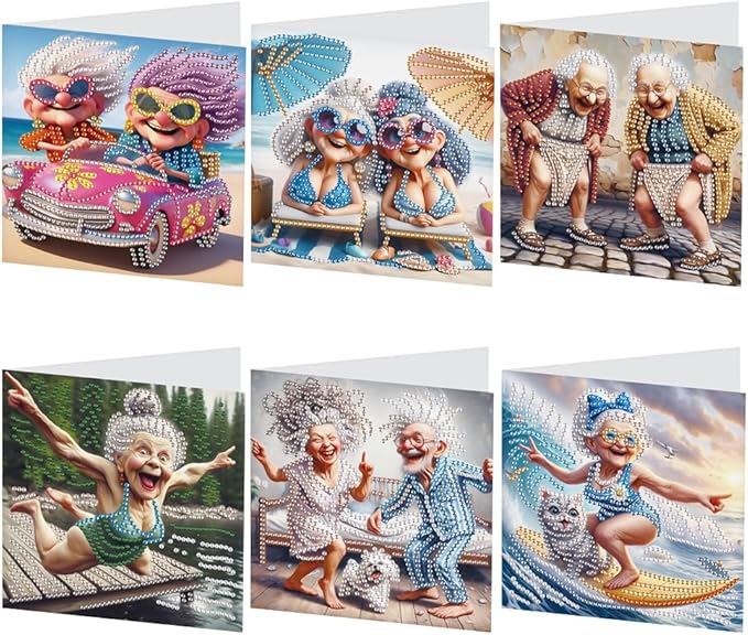 Ceitura 6Pcs DIY Diamond Art Painting Crafts Rhinestone Painting Greeting Card Making Kit Postcard for Holiday Christmas New Year Party Favors (Happy Old Lady)