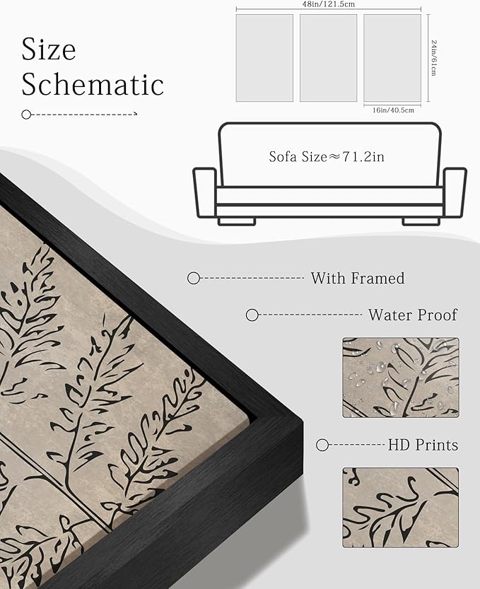 KUVIOKE Vintage Botanical Framed Wall Art Bohemian Tan Plant Leaf Wall Decor Nature Fern Plant Silhouette Wall Painting Home Decor 16x24in (Black Framed)