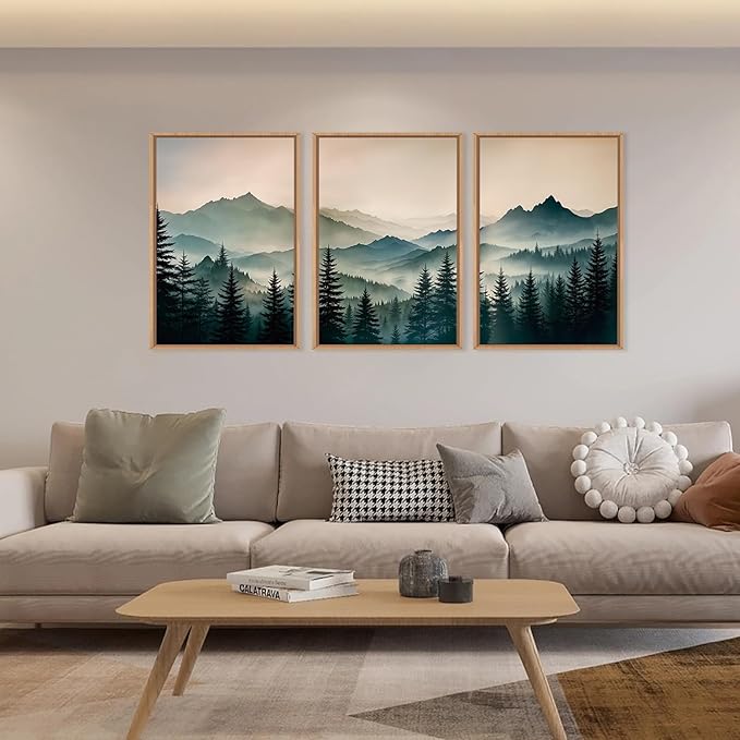 HPNIUB Large Green Mountain Framed Canvas Wall Art,Foggy Forest Wall Decor,Modern Watercolor Boho Pine Tree Wall Painting,Nature Mountains Landscape Art Print for Living Room,Bedroom,Office-16 x24 x3