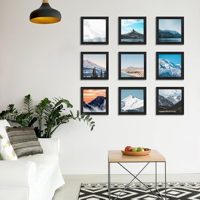 8x8 Picture Frame Set of 9, Photo Gallery Wall Frame Set, Display Pictures 4x4 with Mat or 8 x 8 Without Mat, Square Frame Picture Frames Collage Wall Decor, Black