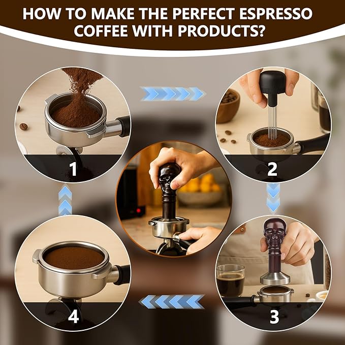51mm Coffee Tamper - Espresso Hand Tamper with Skull Handle, Steel Base & Ebony Wood Grip, Espresso Accessories Gifts for Your Portafilter