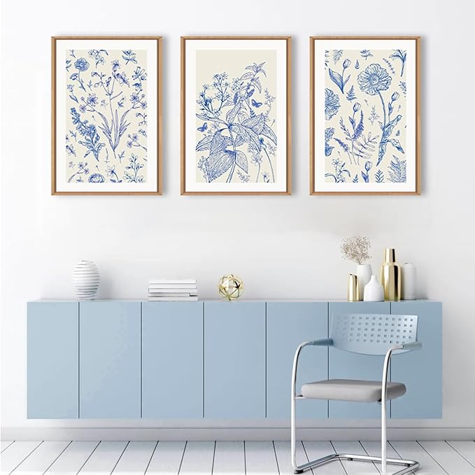 KAIRNE Blue and White Floral Wall Art Set of 3-16x24 Inch Chinoiserie Framed Canvas Art Prints, Navy Watercolor Botanical Flower Painting, Wildflower Decor for Living Room, Bedroom, Bathroom, Home
