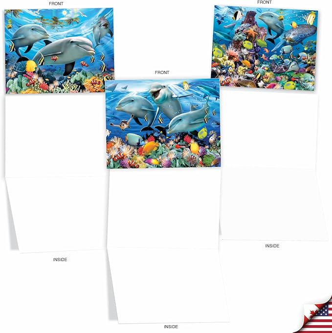 The Best Card Company - 10 All Occasion Blank Cards (4 x 5.12 Inch) - Nautical, Ocean, Sea Life Assortment of Notecards - Multi Porpoises M6643OCB