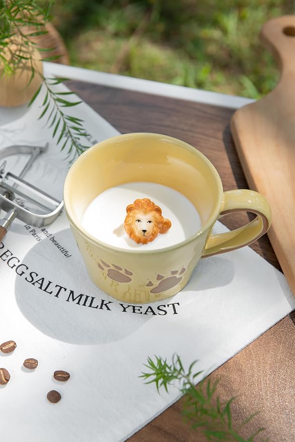 DIHOclub Lion Coffee Mug Ceramic 3D Wild Animal Inside Cup,Cute Cartoon Handmade Figurine Mugs,Holiday and Birthday Gift for Coffee Milk Tea Lovers,12 OZ (Yellow Lion)