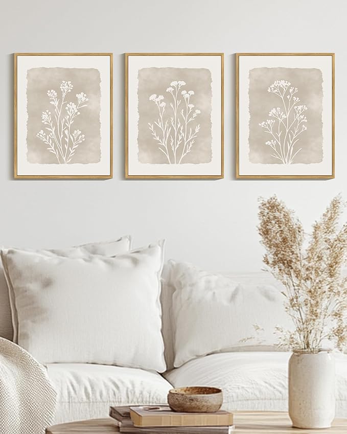 KUVIOKE Boho Botanical Flower Framed Wall Art Farmhouse Vintage Floral Wall Painting Rustic Wildflower Neutral Prints Artwork Home Decor 11x14in (Natural Framed)