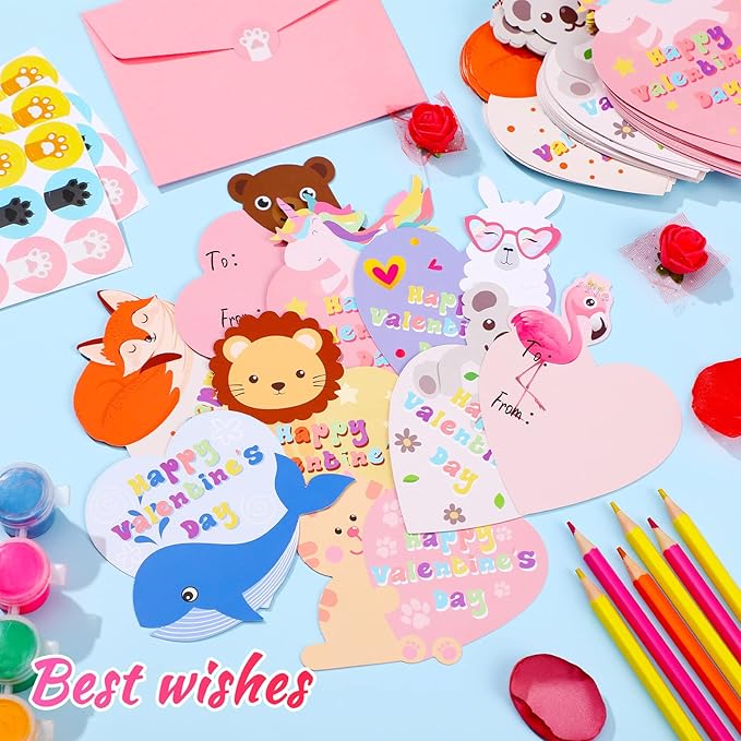 Yexiya 200 Pcs Mini Valentine's Day Cards Assortment Bulk Classroom Exchange for Kids Greeting Animal Box Foldable Love Heart Greeting Cards with Envelopes and Stickers