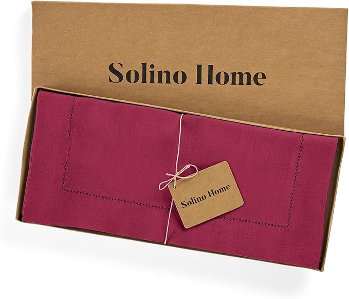 Solino Home Linen Table Runner 48 Inches - 100% Pure Linen Beet Hemstitch Table Runner 14 x 48 Inch Ideal for Dresser and Coffee Tables - Winter, Easter, Valentines - Classic Hemstitch