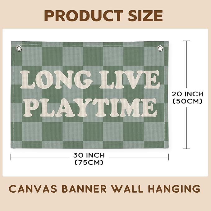 Long Live Playtime Banner, Boy Nursery Decor, Sage Green Blue Canvas Banner Wall Hanging Banner Flag Decor for Nursery Playroom Toddler Room, Boys Kids Room Decor, 26x19 Inch, Beige