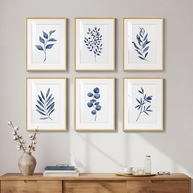 Framed Minimalist Botanical Wall Art, Set of 6 Blue Floral Leaf Painting Prints Artwork for Walls, Navy Blue Flowers Watercolor Plant Pictures for Bedroom Dining Room Hallway Office Home Decor, 11x14
