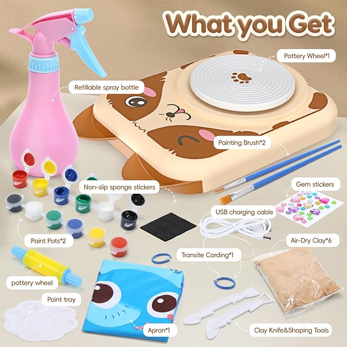 Skirfy Pottery Wheel for Kids Clay Sculpting Tools & Painting Kit,DIY Kits Clay Maker for Beginners with 6 Packs Clays, ChristmasThanksgiving Birthday Gift Toys,Art&Crafts Kits for Ages 6-8 8-12
