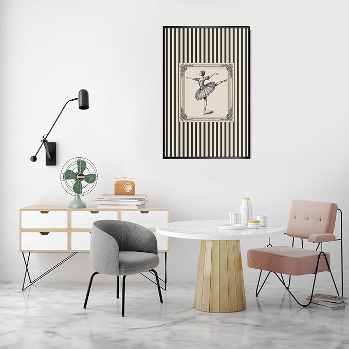 Canvas Wall Art Vintage Ballerina Art – Elegant Ballet Striped Posters for Sports Lovers Aesthetic Room Decor Family Wall Decor Prints 20X30 in Black Framed
