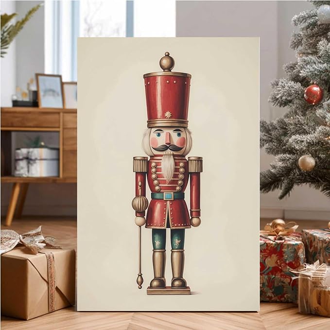 Nutcracker Christmas Wall Art Festive Christmas King Holiday Print Classic Soldier Nutcracker Vintage Holiday Canvas Painting Indoor Decor for Home Offices Living Room Bedroom Framed Ready to Hang