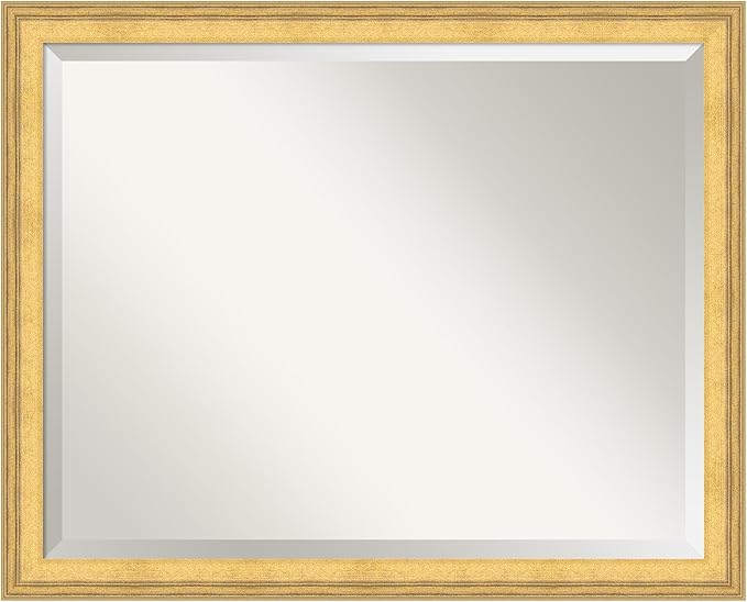 Amanti Art Gold Wall Mirror 25x31 Owen Gold Rectangle Bathroom Mirror for Wall Decor Living Room, Large Traditional Wood Frame, Hangs Horizonally and Vertically, Bathroom Decor, Beveled Edge