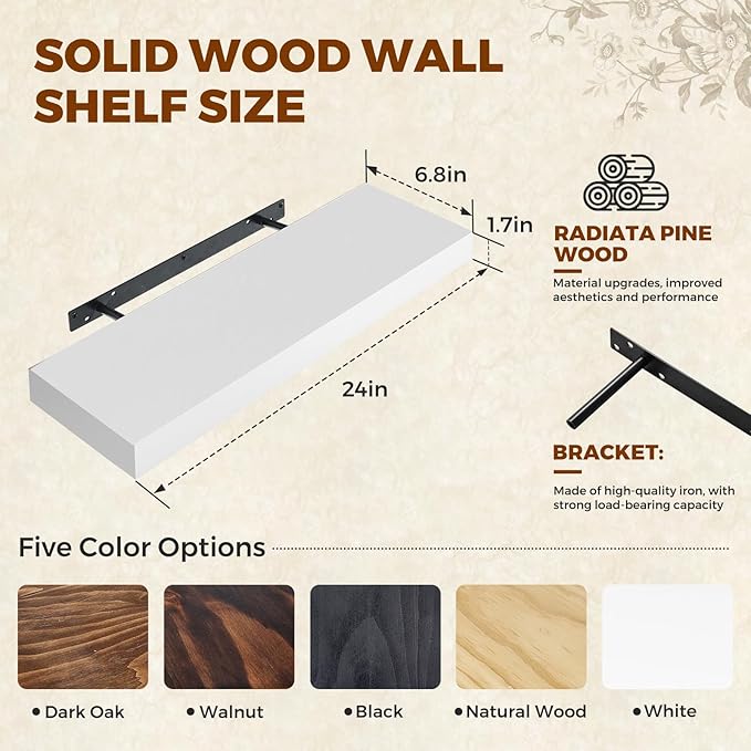 Floating Wall Shelves 24x6.8x1.7 Inch – Solid Wood Rustic Shelves in White Finish – Wall Mounted Display Shelf for Bathroom, Kitchen, Bedroom – Set of 3
