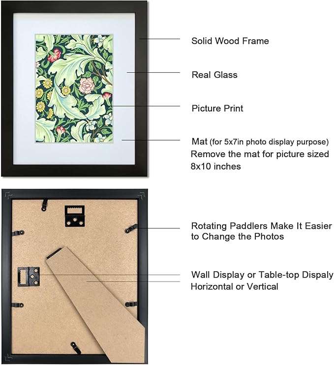 8x10 Picture Frame Set of 4 Made of Solid Wood Photo Frame with Real Glass for Pictures 5x7 with Mat or 8x10 without Mat, Wall Mount or Tabletop Gallery Photo Frames in Black