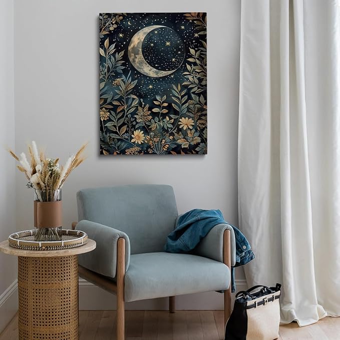 Vintage Crescent Moon Floral Botanical Poster William Morris Wall Art Print Retro Flowers Dark Academia Cottagecore Decor Canvas Prints Gothic Posters for Bedroom Living Room 24x36in Unframed poster