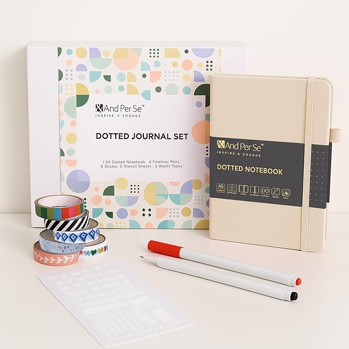 &And Per Se Bullet Dotted Journal Kit, A5 Hardcover Dotted Journaling Set (Light Apricot), 6 Fineliner Pens, 8 Sticker & 5 Stencil Sheets, 6 Washi Tapes with Giftable Box