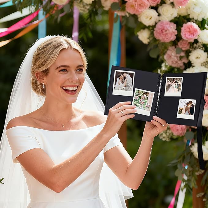BINBE 8 x 8 Inch Letters to The Bride Scrapbook Kit DIY Blank Paper Scrapbook Photo Album Wedding Memory Book Bridal Guest Book Sign with Pearl Stickers, Letter Patches, Bows Black