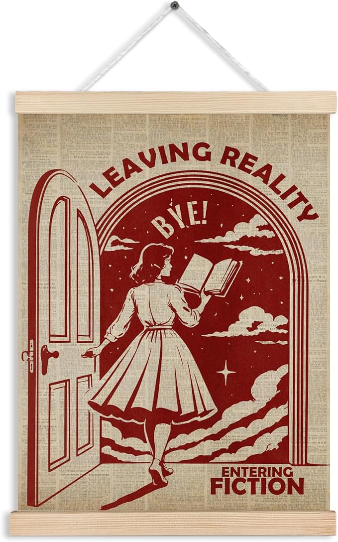 Vintage Reading Woman Book Canvas Wall Art Poster, Reading Nook Corner Decor, Leaving Reality Entering Fiction Wall Decor Prints for Library Reading Room Classroom Home, 12x16 Inches