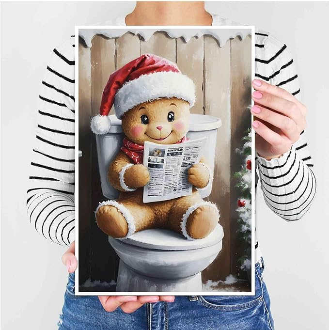 Canvas Wall Art Gingerbread on the Toilet Funny Christmas Poster Bathroom Wall Art Toilet Trendy Christmas Decor 28x40in-UnFramed