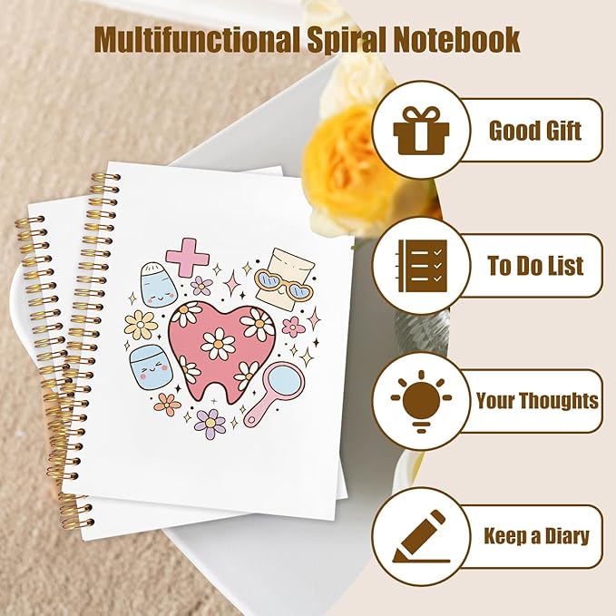WUCHJ Dental Gifts Notebook, Dental Hygienist Assistant Journal, Retro Pink Floral Tooth Spiral Notebook Journal for Note Taking, Dentist Office Supplies, 5.5x8.3 Inch