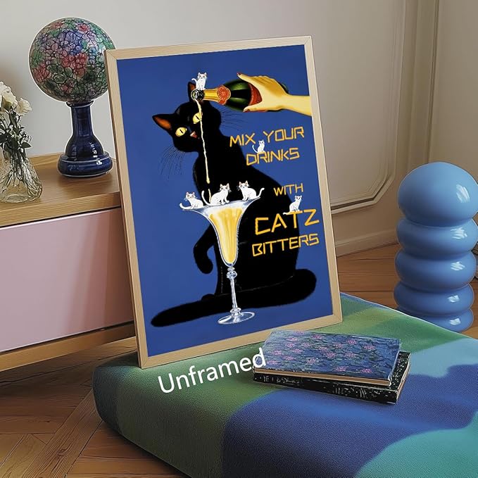 Black Cat Canvas Wall Art, Classic Mix Your Drinks with Catz Bitters Poster, Trendy Liquor Beverage Picture Kitchen Bar Cart Wall Decor, Funky Pub Man Cave Alcohol Themed Print 8x12in Wrapped Canvas
