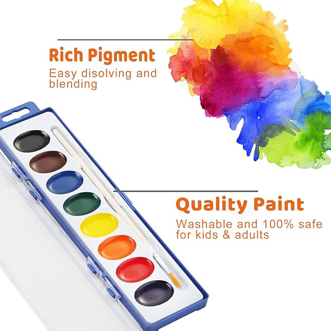 24 Pack Washable Watercolor for Kids, 8 Colors Non-Toxic Water Color Paint with Wood Brushes, Ideal for Classroom, Party Favors, Art Supplies, Christmas Gift