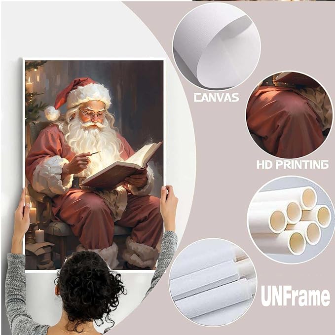 Canvas Wall Art Vintage Christmas Wall Art Santa Writing Book Oil Painting Cottagecore Decor Academia Christmas Decor Winter Print 20x30in-UnFramed