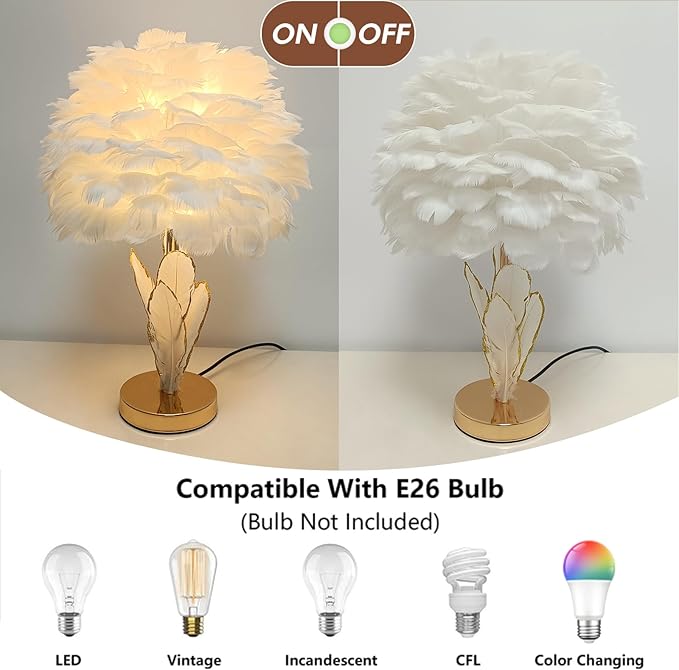 Chic White Feather Lamp Creative Furry Table Lamp Modern Feather Desk Lights Romantic Princess Bedside Nightstand Light for Teen Girls Bedroom Decor Living Room Wedding Christmas Kids Room