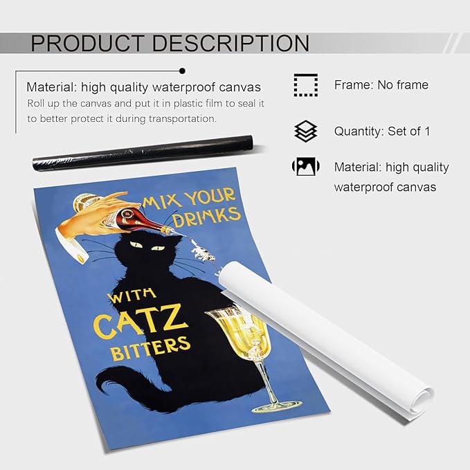 Catz Bitters Print, Vintage Beverage Poster, Bar Cart Wall Art,Black Cat Wall Art, Vintage Cat Alcohol Poster,Alcohol Print Horizontal,Bar Wall Decor,Bar Cart Decor24x36Unframed
