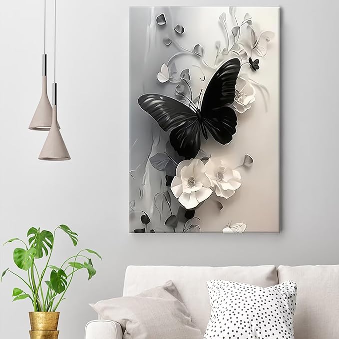 Black Butterfly with Flowers Canvas Poster Modern Minimalist Wall Art Trendy Elegant Painting Prints Vintage Nature Botanical Aesthetic Home Decor for Bedroom Living Room 24x36inch Framed