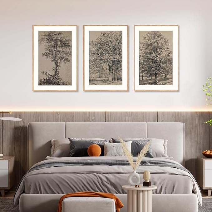 KAIRNE Vintage Tree Sketch Wall Art Set, Antique Tree Drawings Wall Decor, Nature Sketch Wall Painting, Framed Botanical Canvas Art Prints for Living Room, Bedroom, Dinning Room, Farmhouse - 24"x36"x3