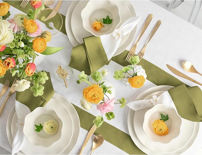 Solino Home Linen Table Runner 108 Inches Long - 100% Pure Linen Avocado and White Dining Table Runner 14 x 108 Inch for Winter, St Patricks Day - Contempo