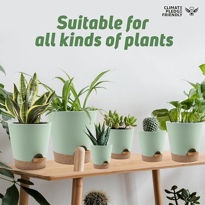 Indoor Self Watering Planters with Drainage Holes and Saucers, 8, 7, 6.5, 6, 5.5, 5 Inches, 6 Pots（Green+Brown