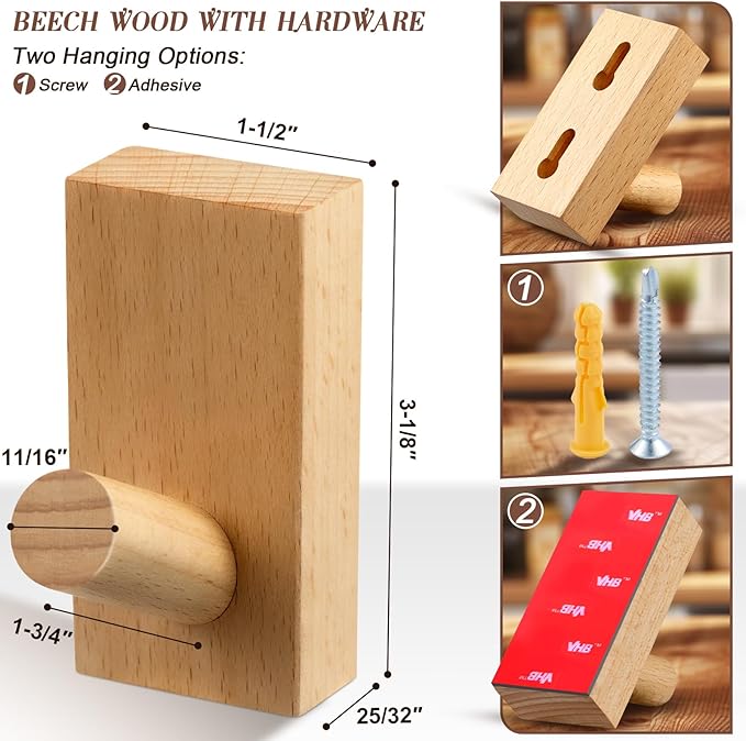 Natural Wooden Wall Hooks, Adhesive & Screw Mount Coat and Towel Hooks - Decorative Key Holder, Hat Rack, Stocking Wall Hangers for Bathroom Entryway Closet - 4 Pack, Beech Wood