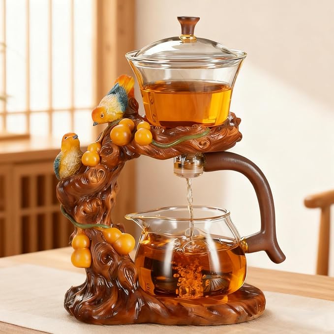 Lazy Kungfu Glass Tea Set Heat Resistant Semi Automatic Drip Rotating with Infuser Magnetic Teapot Set for Gongfu Tea Making Ideal (Gourd Bird)