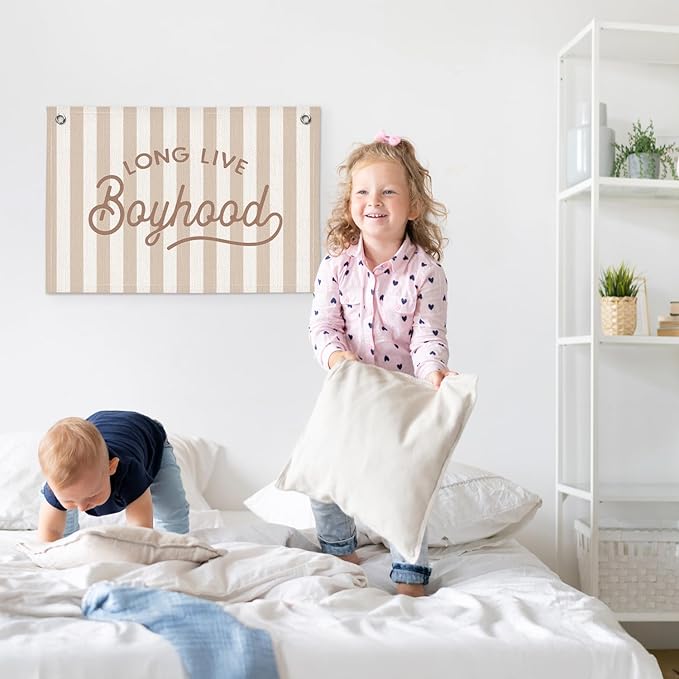 Long Live Boyhood Beige Striped Boys Room Decor - Linen Banner Wall Hanging Canvas Banner Flag Decor for Toddler Boy Bedroom Nursery Playroom