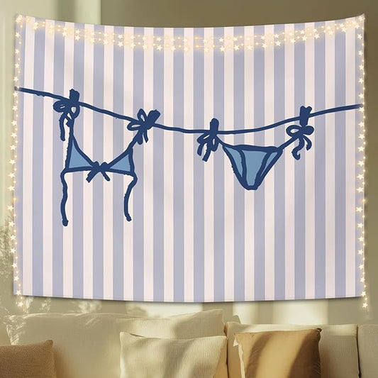 STHTTSW Blue Coastal Bikini Tapestry, Preppy Beachy Tapestries Wall Blanket, Aesthetic Coastal Cowgirl Wall Hanging Decor for Teen Girl Women College Dorm Apartment Bedroom, 50x60 Inch