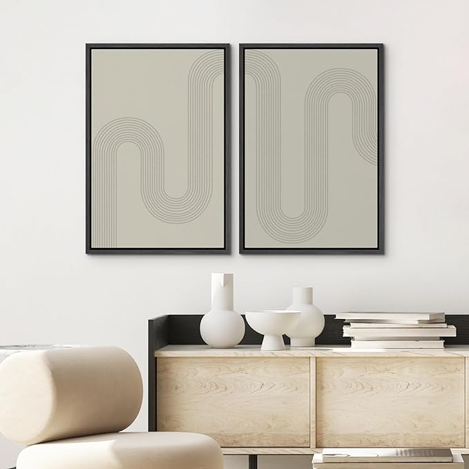 SIGNWIN Framed Canvas Print Wall Art Set Geometric Tan Pastel Color Field Landscape Abstract Shapes Cozy Neutral Modern Art Minimalism Decorative for Living Room, Bedroom, Office - 24"x36"x2 Black