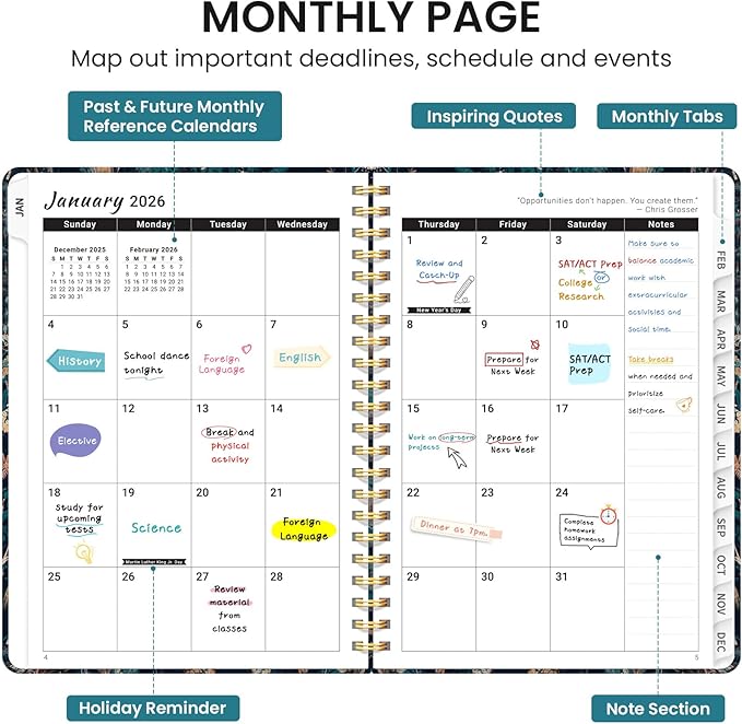 2026 Planner, Monthly and Weekly Calendar Planner for Women, Jan 2026 - Dec 2026, Hardcover Pretty 2026 Agenda Planner Book with Tabs, Spiral Bound, Perfect for School Office Home Supplies, 6.3" x 8.5" - Royal Flowers
