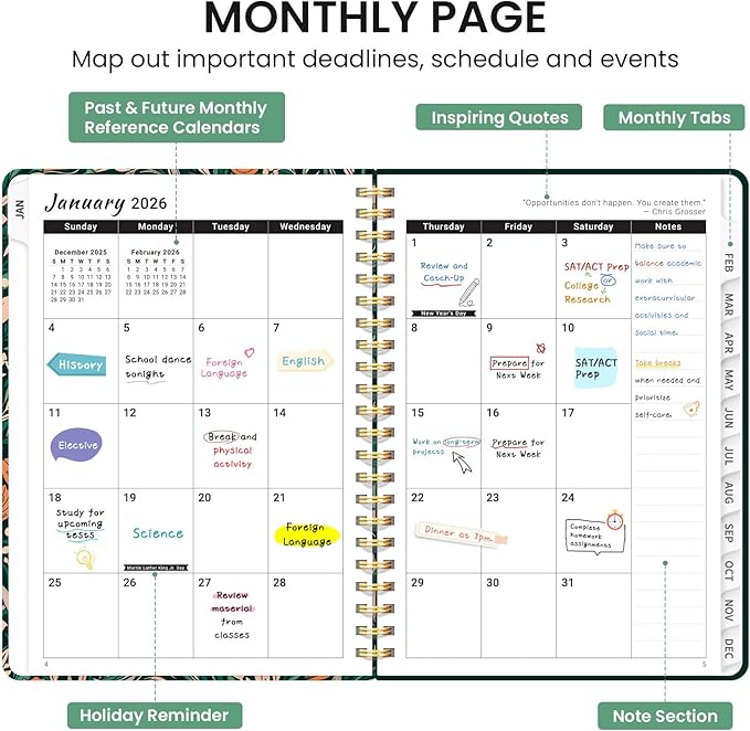 2026 Planner, Monthly and Weekly Calendar Planner for Women, Jan 2026 - Dec 2026, Hardcover Pretty 2026 Agenda Planner Book with Tabs, Spiral Bound, Perfect for School Office Home Supplies, 6.3" x 8.5" - Verdant Bloom