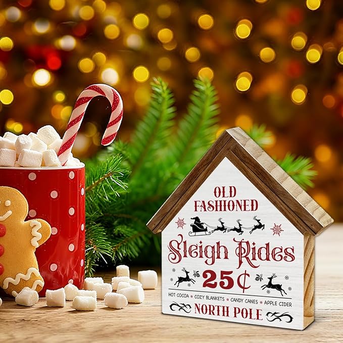 Rustic Christmas Sleigh Decor, Sleigh Rides House Shaped Wooden Sign, Home Farmhouse Christmas Decorations for Desk Table Shelf