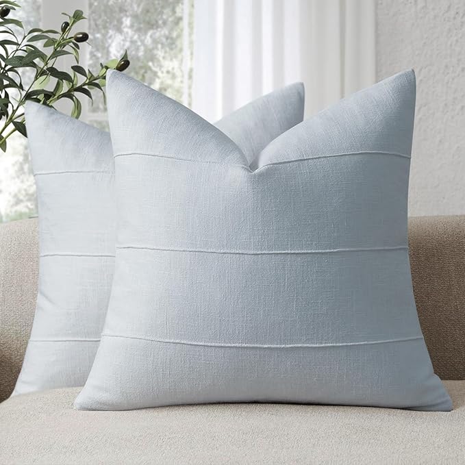 ZWJD Decorative Linen Throw Pillow Covers 24x24 Set of 2 Solid Handcrafted Striped Cushion Covers for Bed Soft Modern Farmhouse Neutral Pillowcase for Couch Bedroom Living Room Home Decor(Sky Blue)