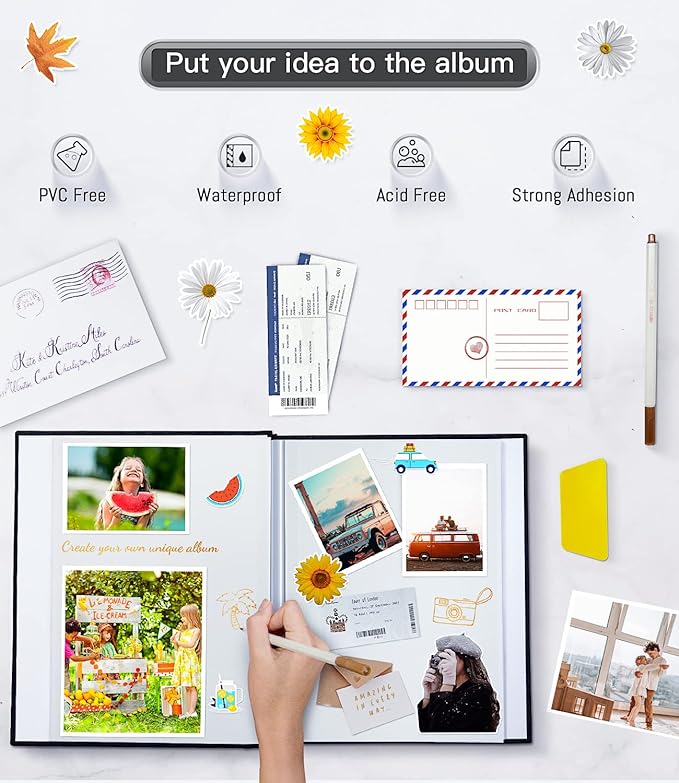Popotop Photo Album Self Adhesive with Picture Display Window,60 Pages DIY Scrapbooking Supplies Kit for 4x6 8x10 Picture,Linen Cover Memory Book for Baby Wedding, with Scraper and Metallic Pen