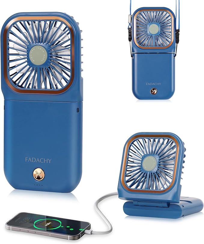 FADACHY Mini Fan, Handheld Fan Desk Fan, Small Personal Fan with 3 Speeds Neck Fan Power Bank