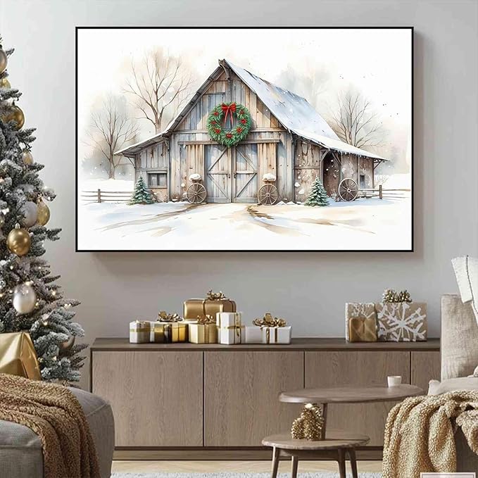 Rustic Landscape Wall Decor Barn Winter Cottage Wall Art Holiday Landscape Painting Rustic Winter Print Christmas Gingerbread Poster Indoor Decor for Living Room Bedroom Cabin Framed Ready to Hang