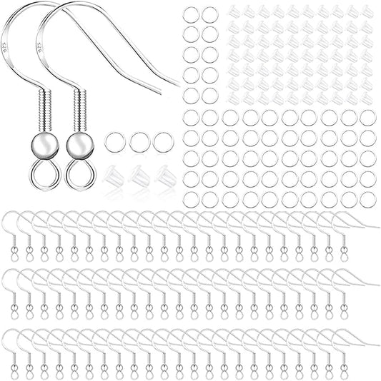 Hypoallergenic Earring Hooks, 800PCS/125 Pairs Fish Hooks,500pcs Silver Plated Earring Making kit with Jump Rings and Clear Silicone Backs Stopper
