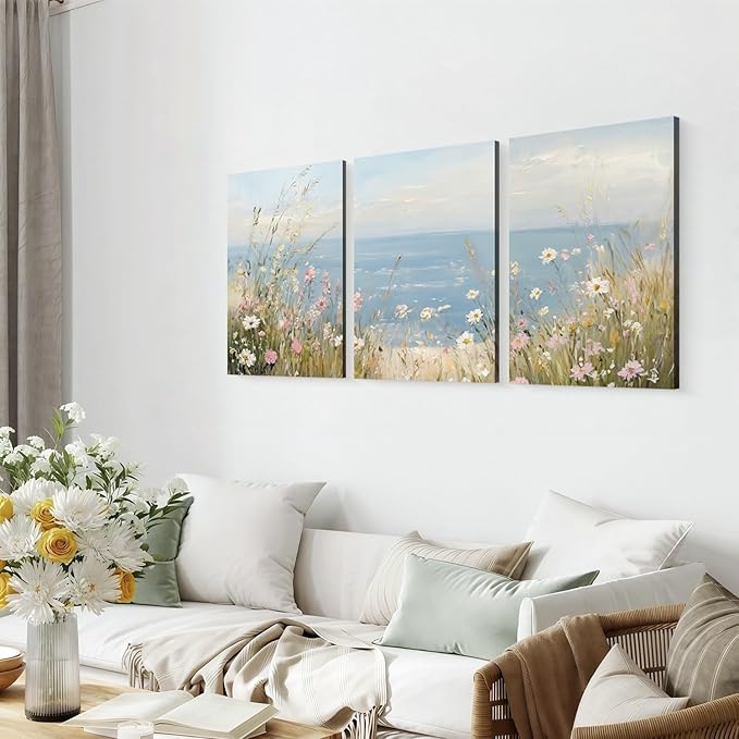 3 Pcs Framed Coastal Wildflower Wall Art Beach Floral Canvas Wall Decor Vintage Coastal Landscape Pictures Ocean Flower Poster Summer Floral Prints Seascape Painting for Living Room Bedroom 12x16 inch Ready to Hang